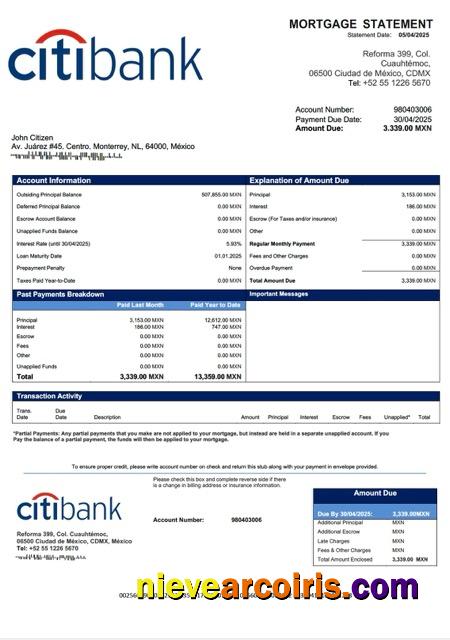 Mexico Citibank Mexico mortgage statement Word and PDF template
